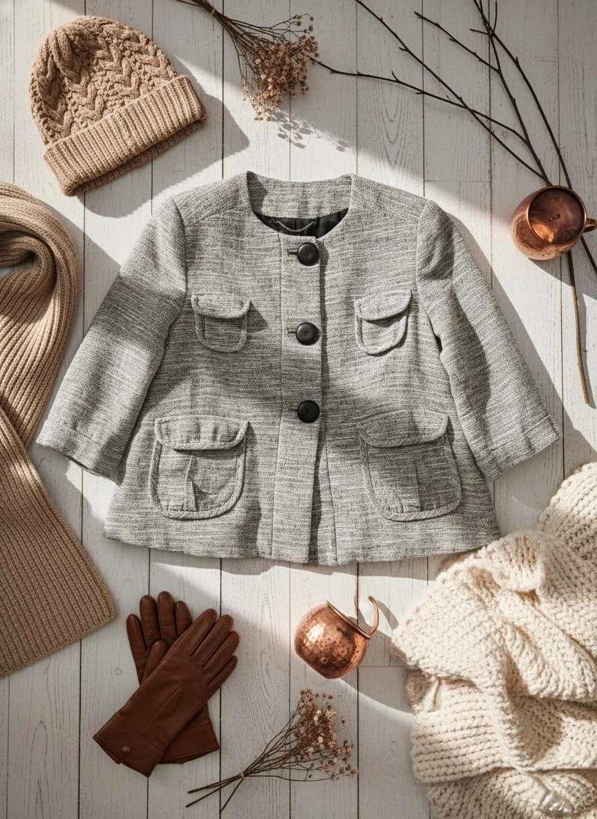 Chaqueta Mango gris jaspeada talla L con bolsillos frontales y botones grandes elegante – Mango – taille L / 40 / 12