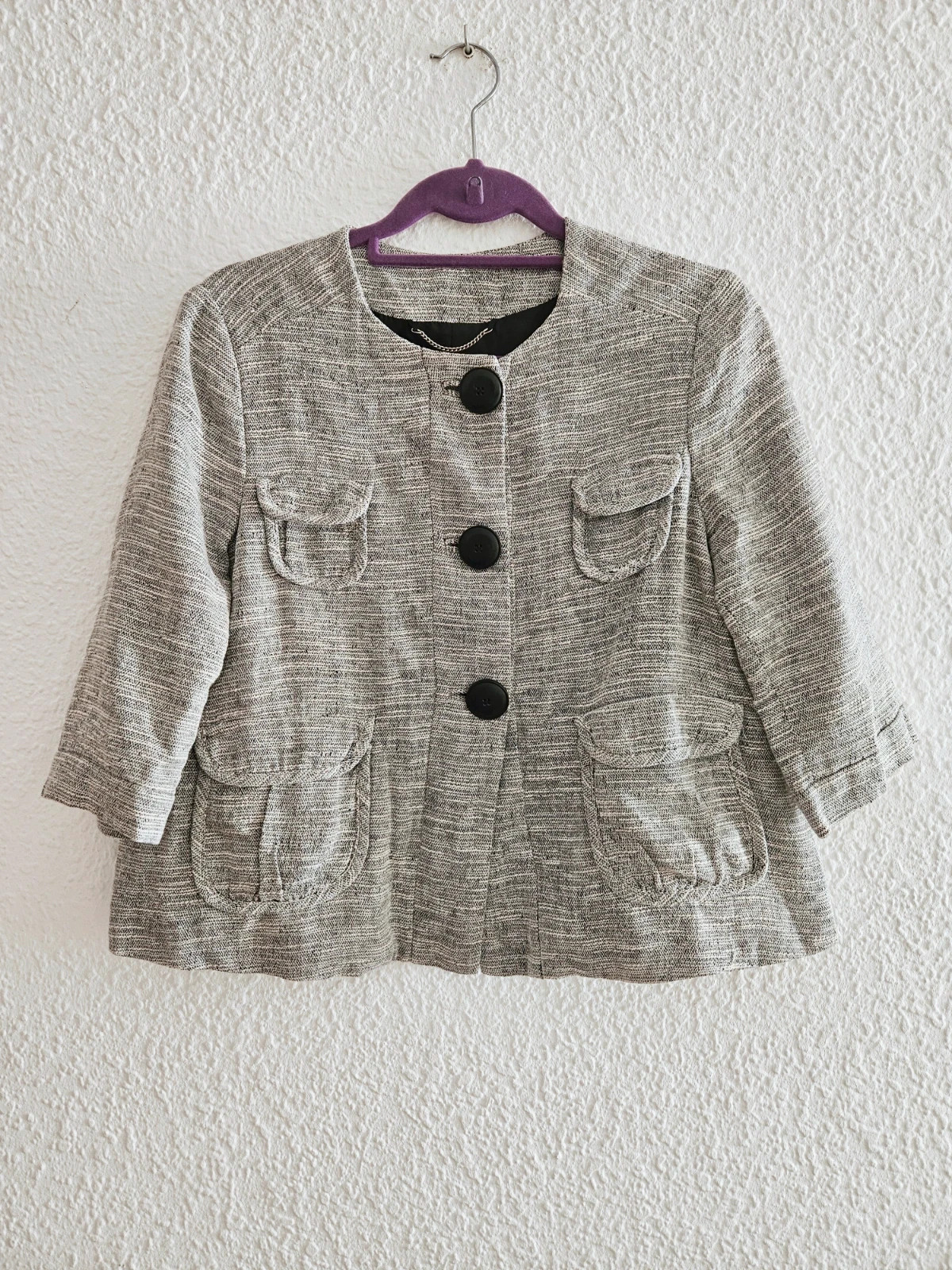 Chaqueta Mango gris jaspeada talla L con bolsillos frontales y botones grandes elegante – Mango – taille L / 40 / 12 3