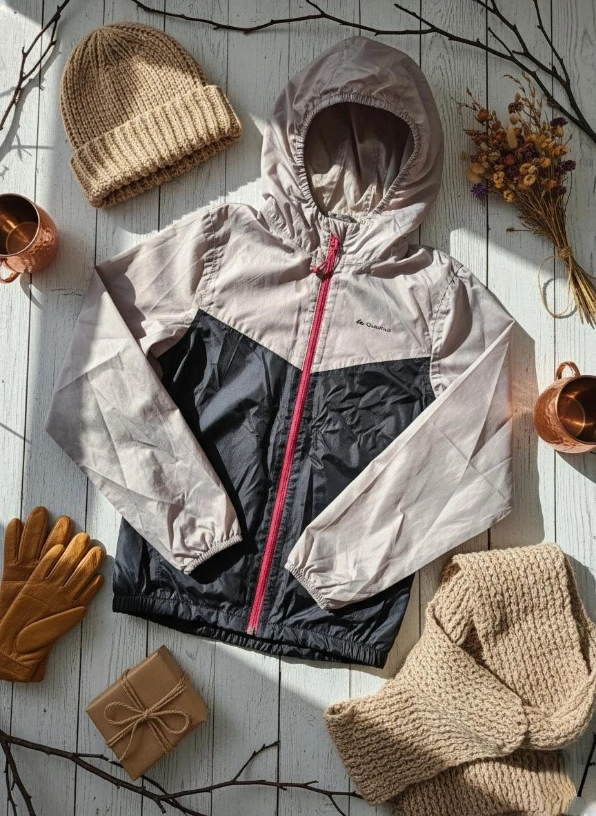 Cortavientos Quechua niño 12 años beige y negro con capucha, buen estado