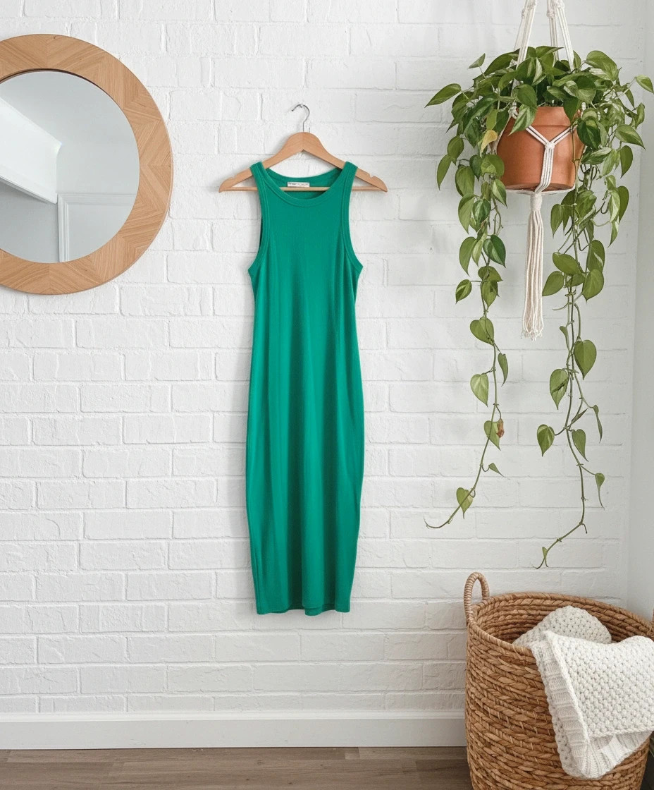Pull&Bear green ribbed dress · Size L · Stretch cotton · Sleeveless summer style – Pull & Bear – taille L / 40 / 12 2