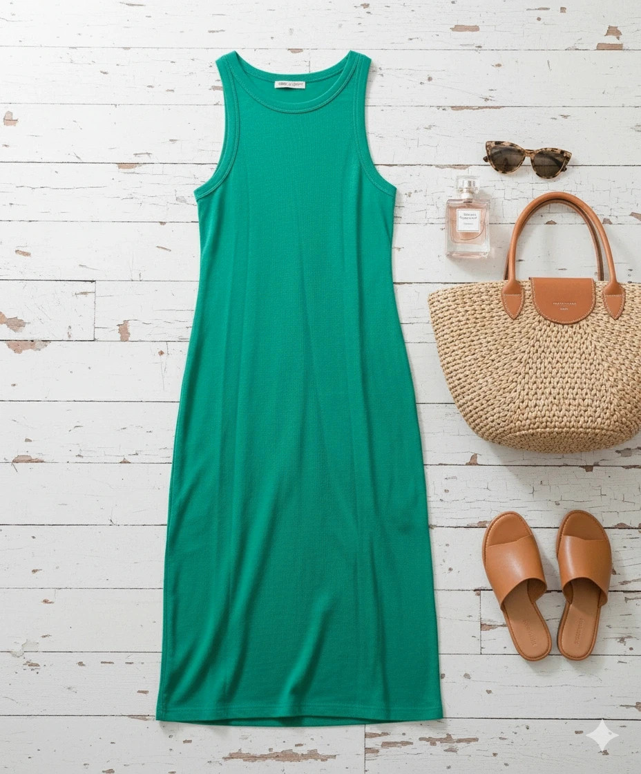 Pull&Bear green ribbed dress · Size L · Stretch cotton · Sleeveless summer style – Pull & Bear – taille L / 40 / 12