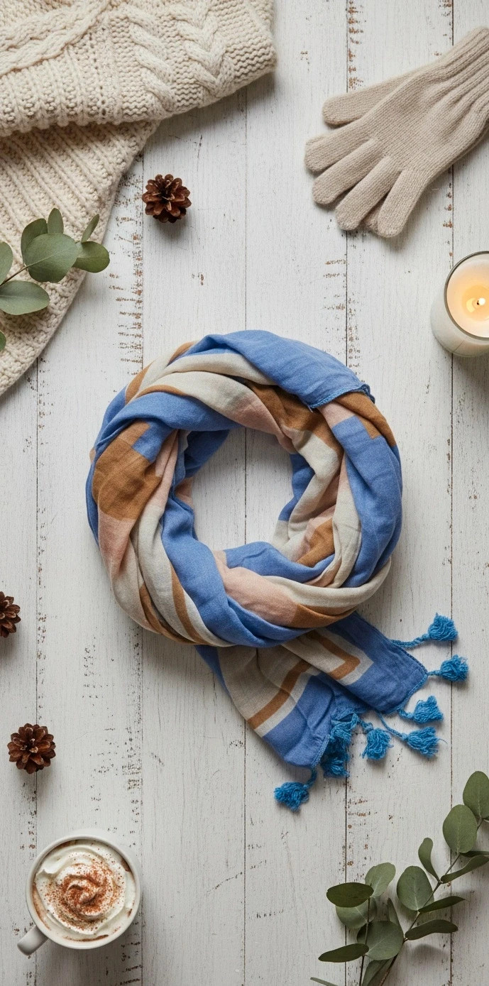 Foulard Massimo Dutti azul y beige con rayas y flecos / Massimo Dutti blue beige striped foulard