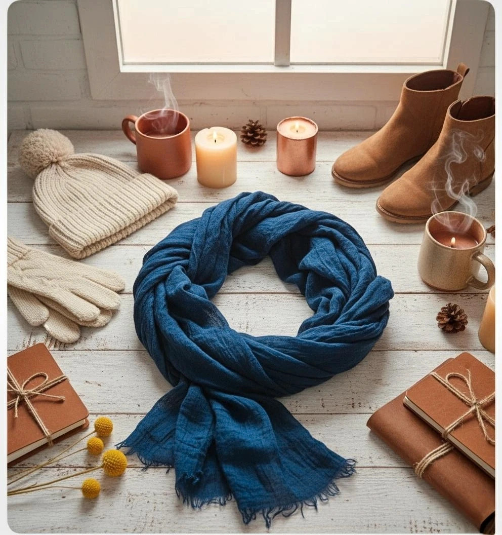 Bufanda Bissú azul estilo boho invernal / Bissu blue boho winter scarf