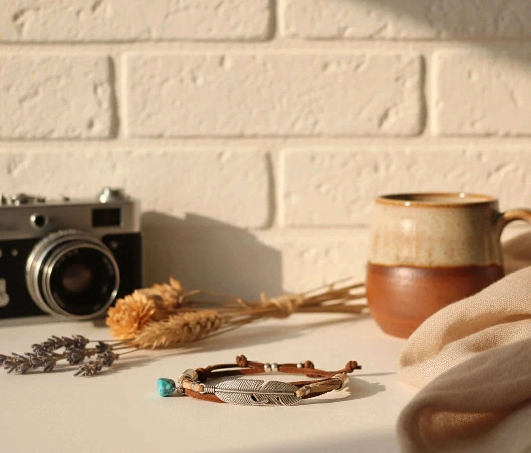 Boho leather bracelet · Feather charm · Natural turquoise · Local artisan piece