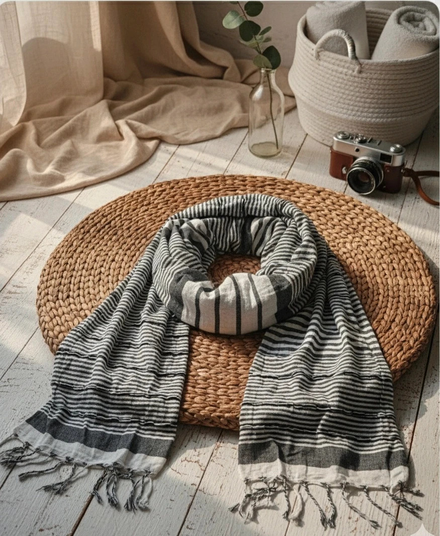 Zara striped pashmina · Black & white · Boho & minimalist style · Soft layering piece – Zara