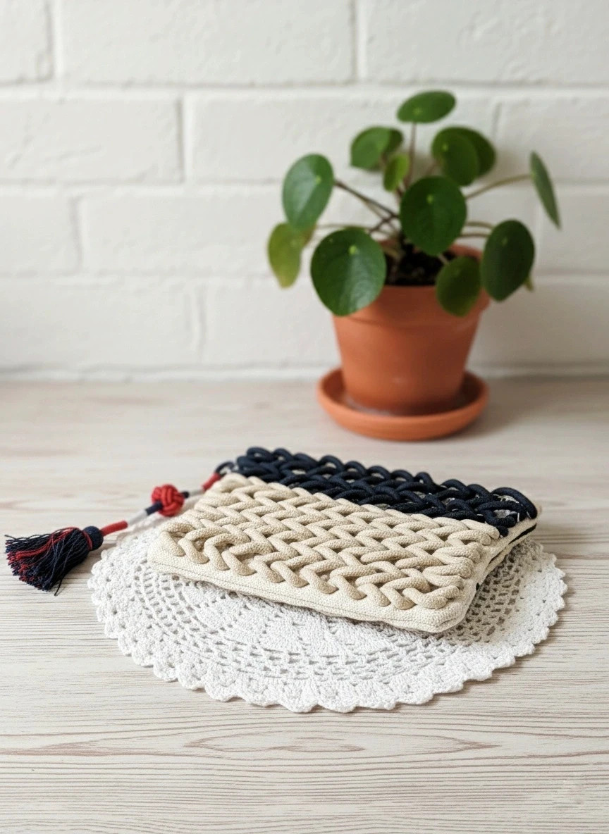 Oysho woven clutch · Boho artisan style · Blue & cream · Tassel detail