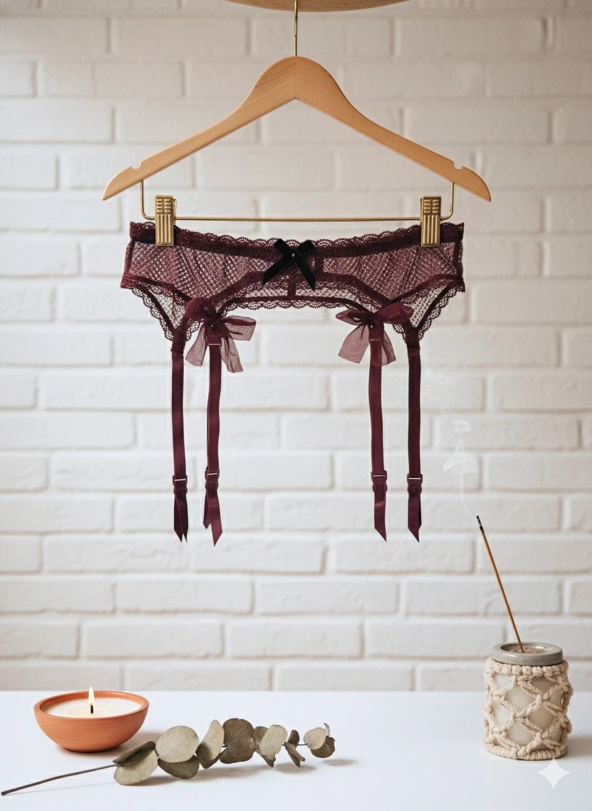 Women'secret burgundy lace garter belt · Size L · Satin details · Romantic style