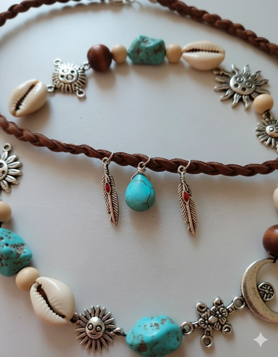 Handmade boho choker · Natural turquoise · Braided detail · Feather charms 2