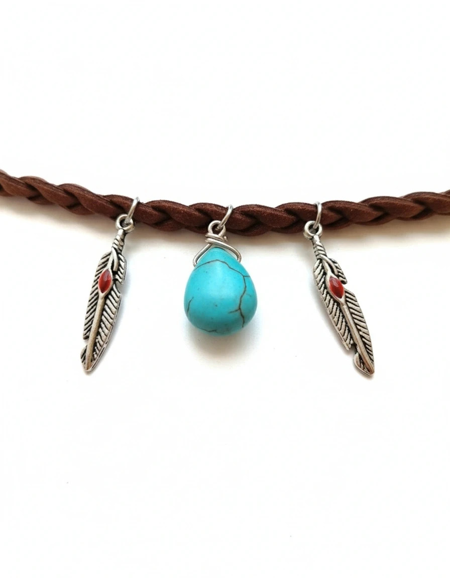 Handmade boho choker · Natural turquoise · Braided detail · Feather charms 3