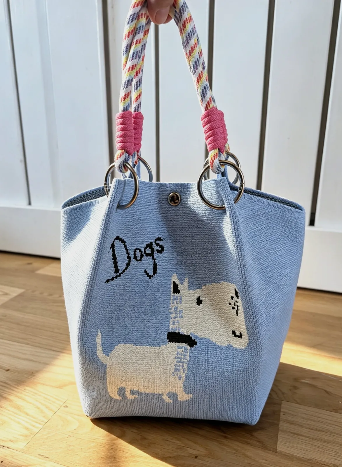 New White Dog Knit Bucket Bag Rope Handles Silver Hardware  – - – taille Taille unique 3