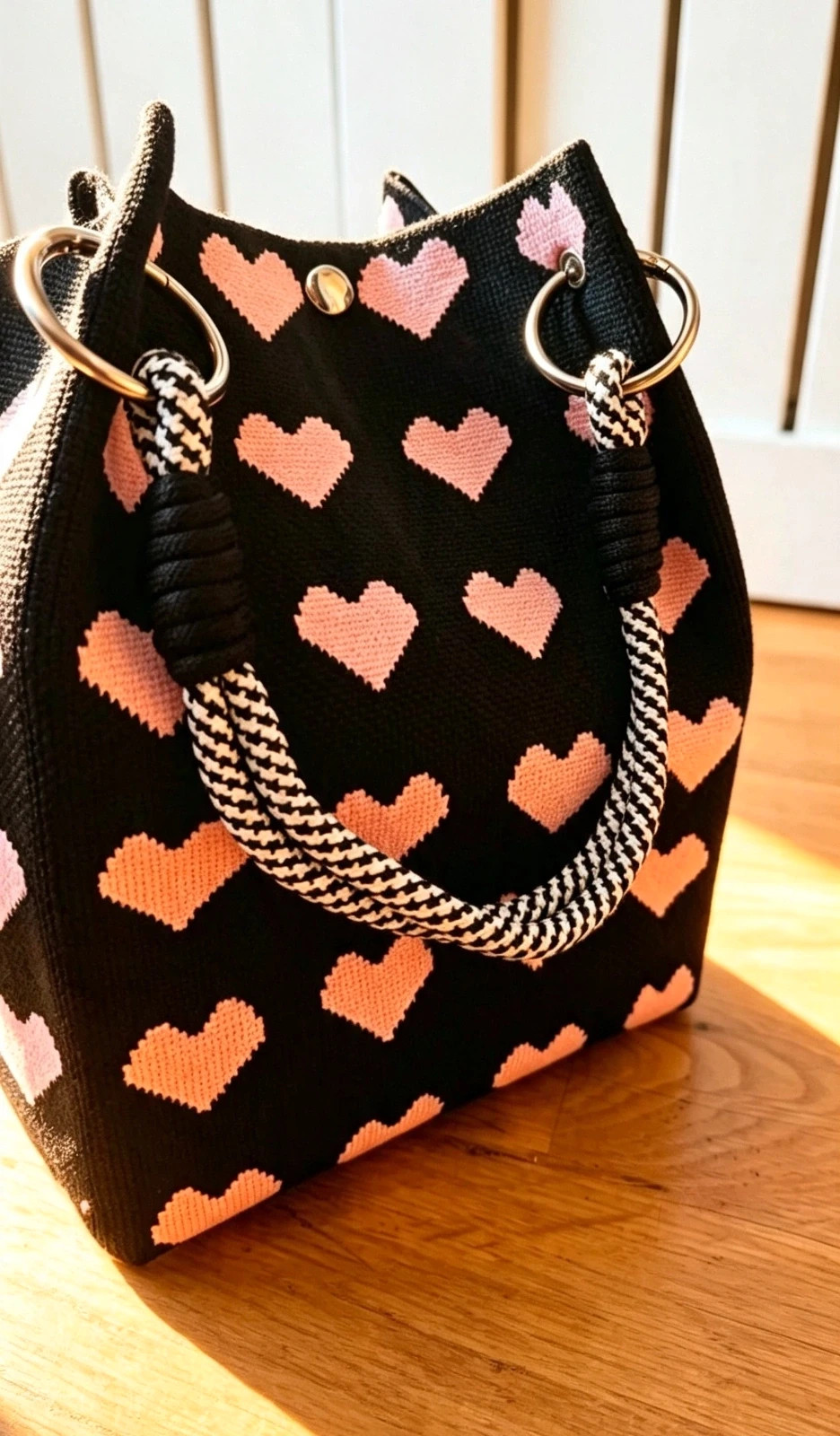 New Black Pink Hearts Knit Bucket Bag Hippie Boho Indie Festival 2