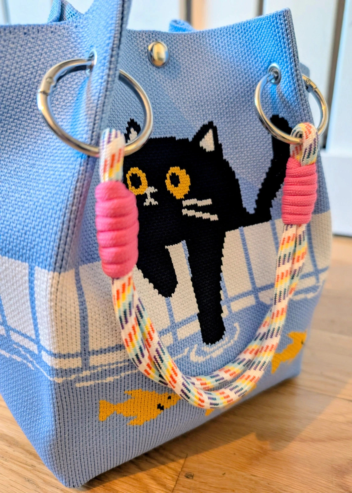 New Black Cat Blue Knit Bucket Bag Rope Handles Silver Hardware Boho Festival Indie Hippie 2