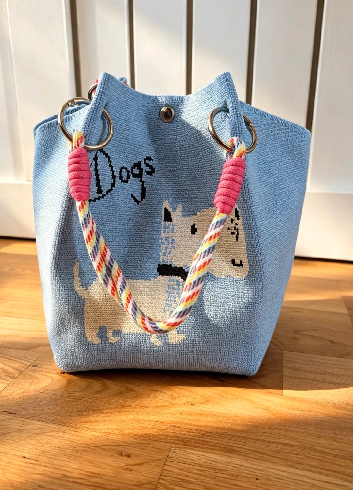 New White Dog Knit Bucket Bag Rope Handles Silver Hardware Boho Festival Indie Hippie 2