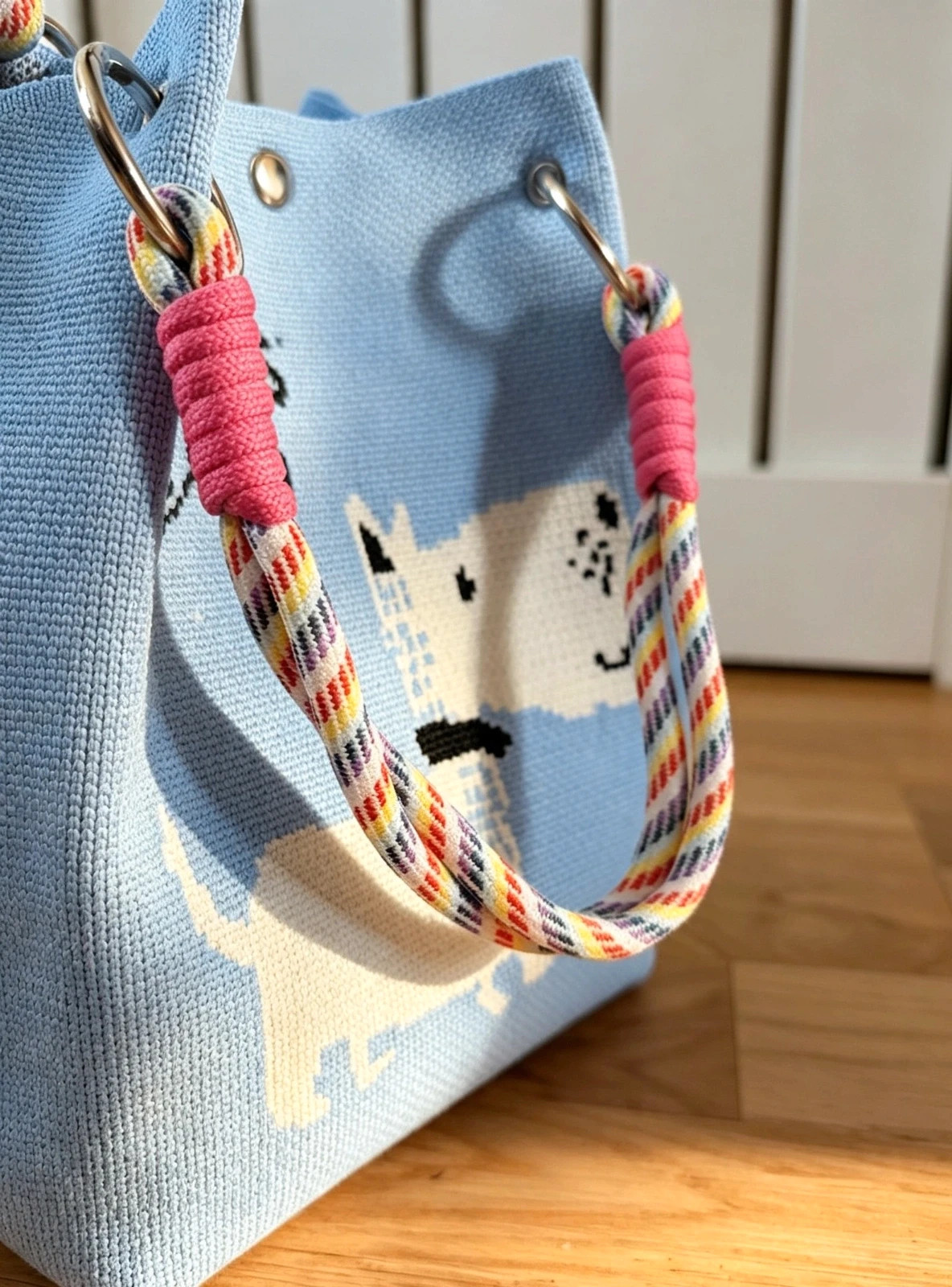 New White Dog Knit Bucket Bag Rope Handles Silver Hardware Boho Festival Indie Hippie 3