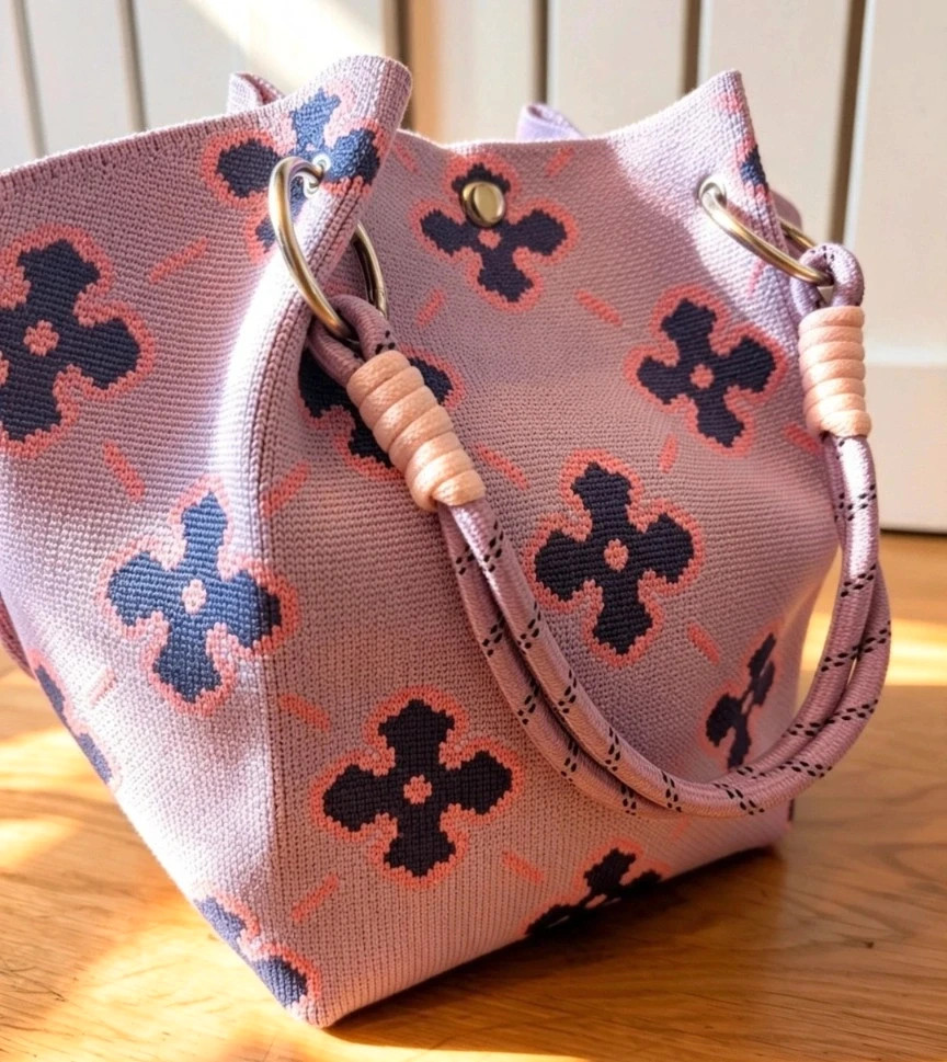New Lilac Argyle Knit Bucket Bag Boho Indie Festival Hippie 2
