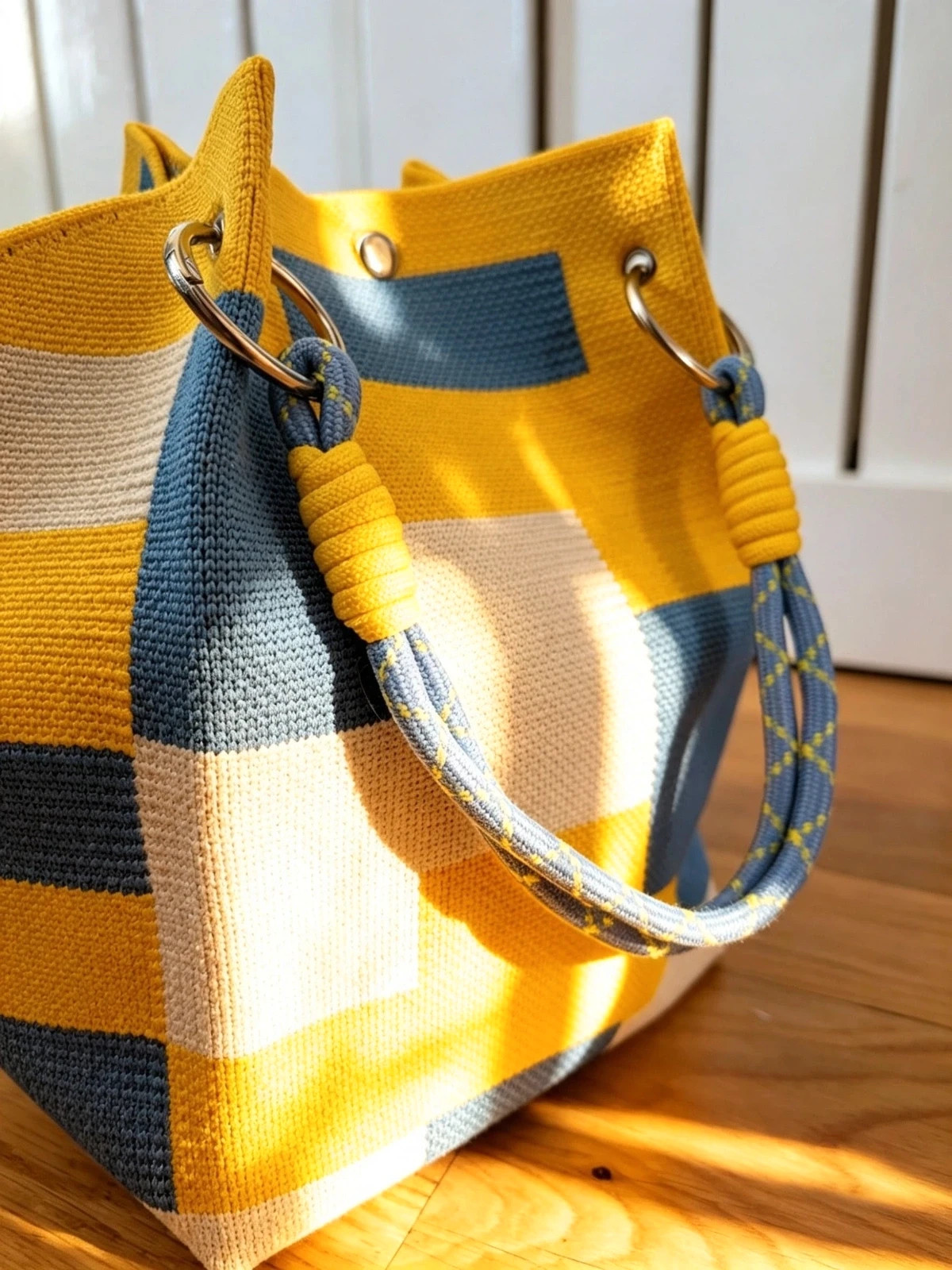 New Blue Yellow Block Knit Bucket Bag Rope Handles Silver Hardware Boho Festival Indie Hippie 2