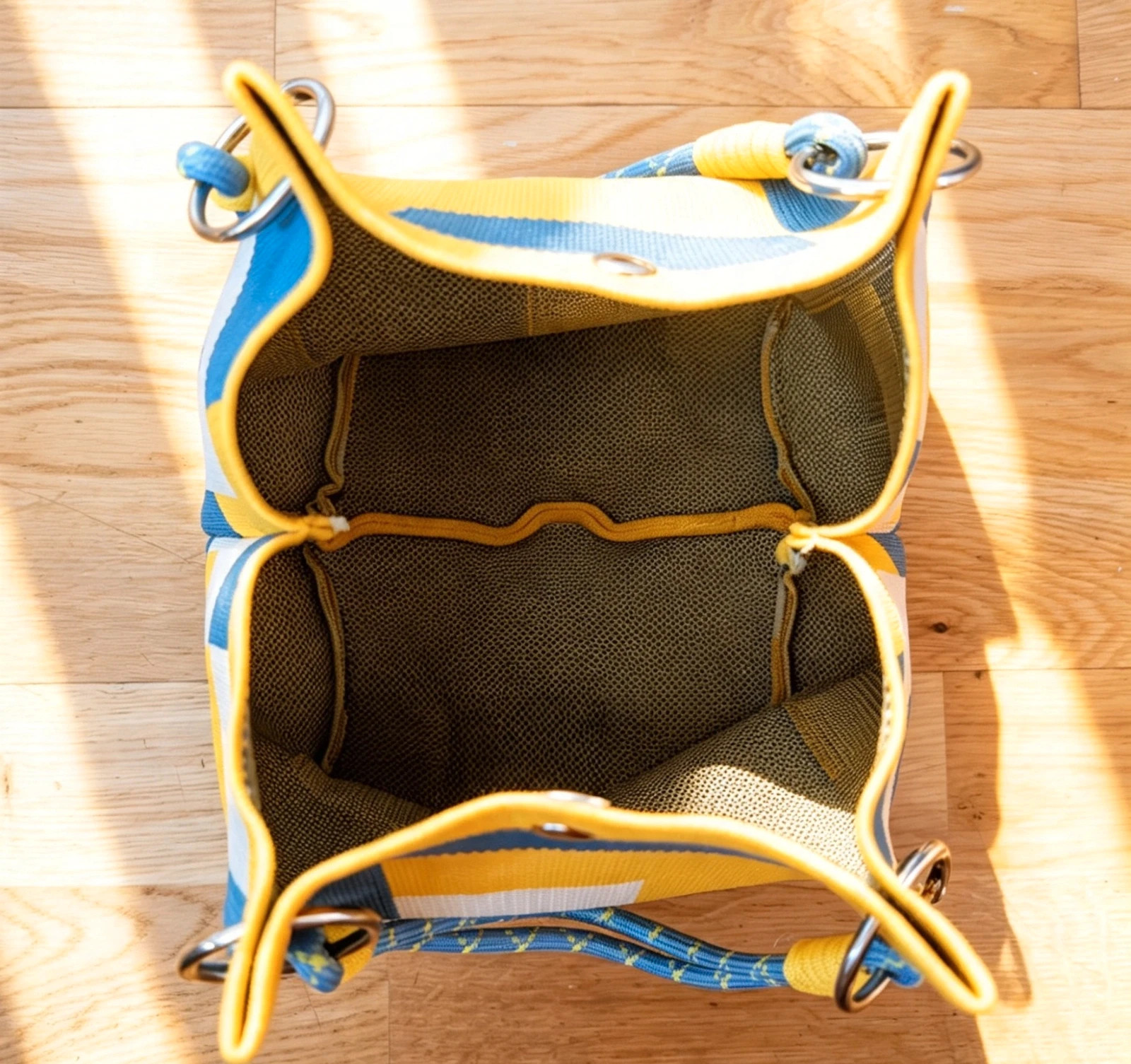 New Blue Yellow Block Knit Bucket Bag Rope Handles Silver Hardware Boho Festival Indie Hippie 3