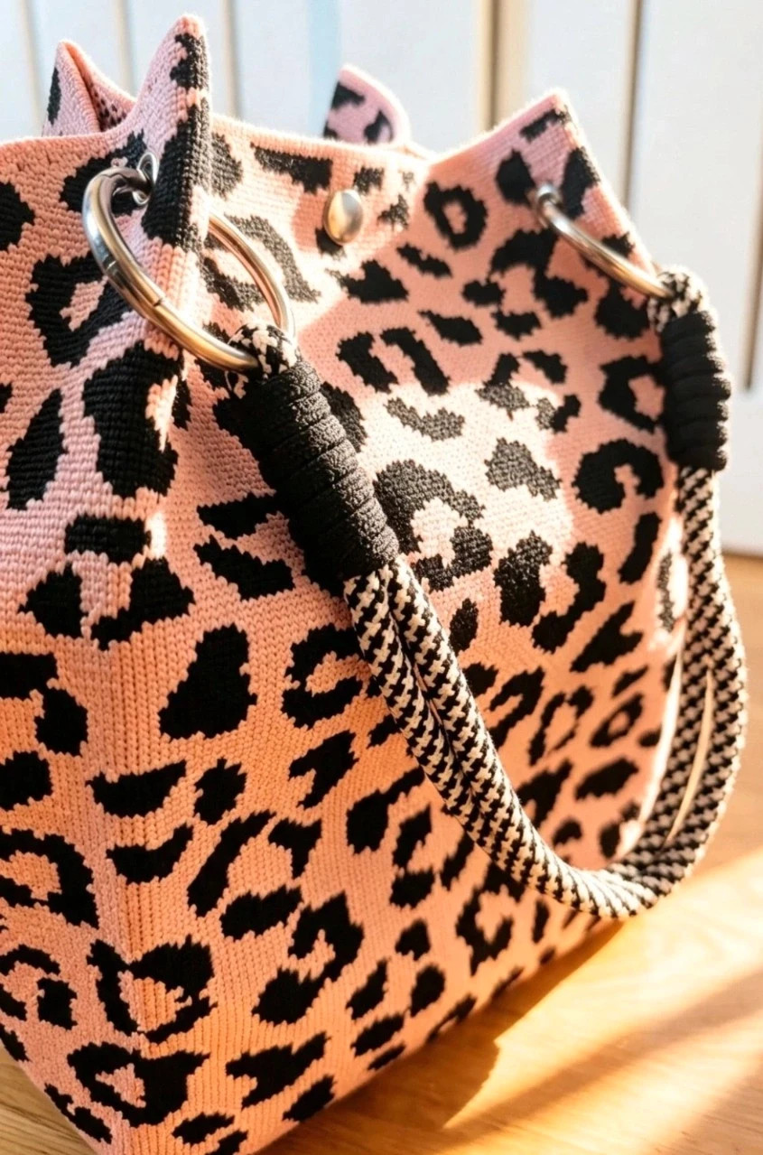 New Pink Black Leopard Print Knit Bucket Bag Rope Handles Silver Hardware Boho Festival Indie Hippie 2