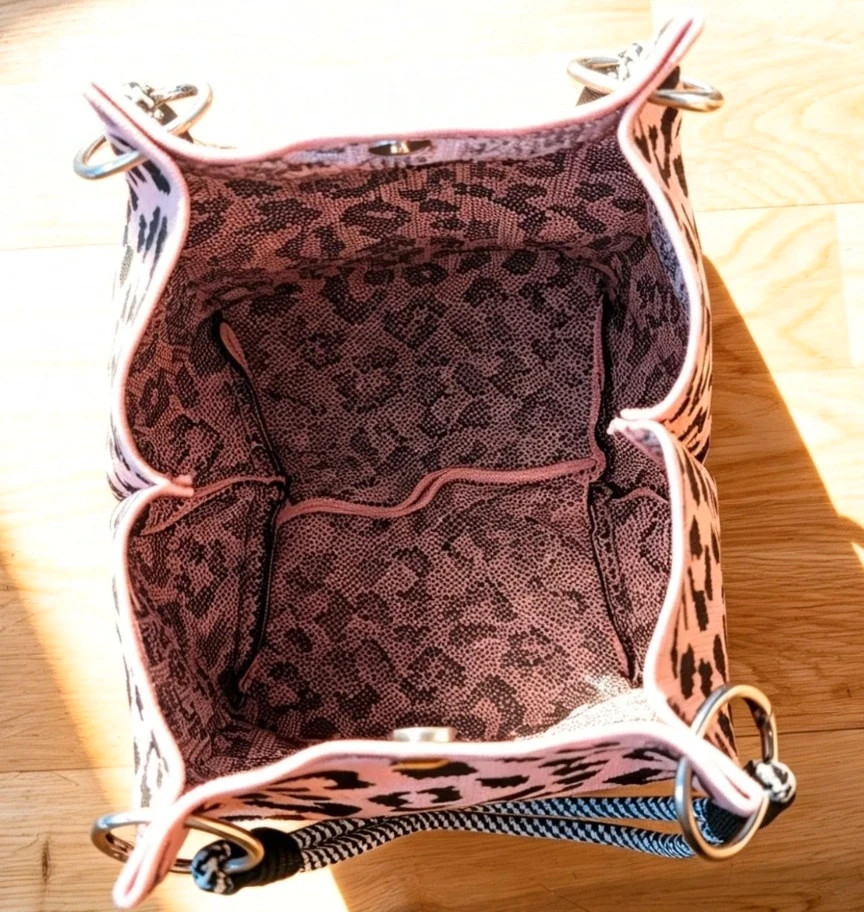 New Pink Black Leopard Print Knit Bucket Bag Rope Handles Silver Hardware Boho Festival Indie Hippie 3