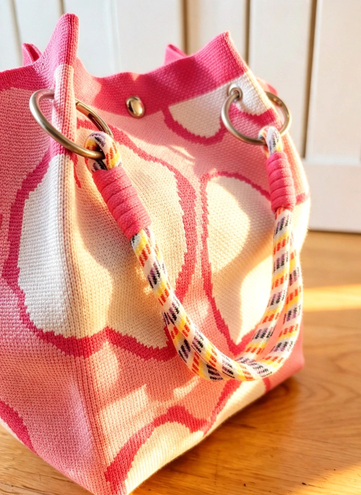 New Pink White Heart Knit Bucket Bag Silver Hardware Rope Handles Boho Festival Indie Hippie 2