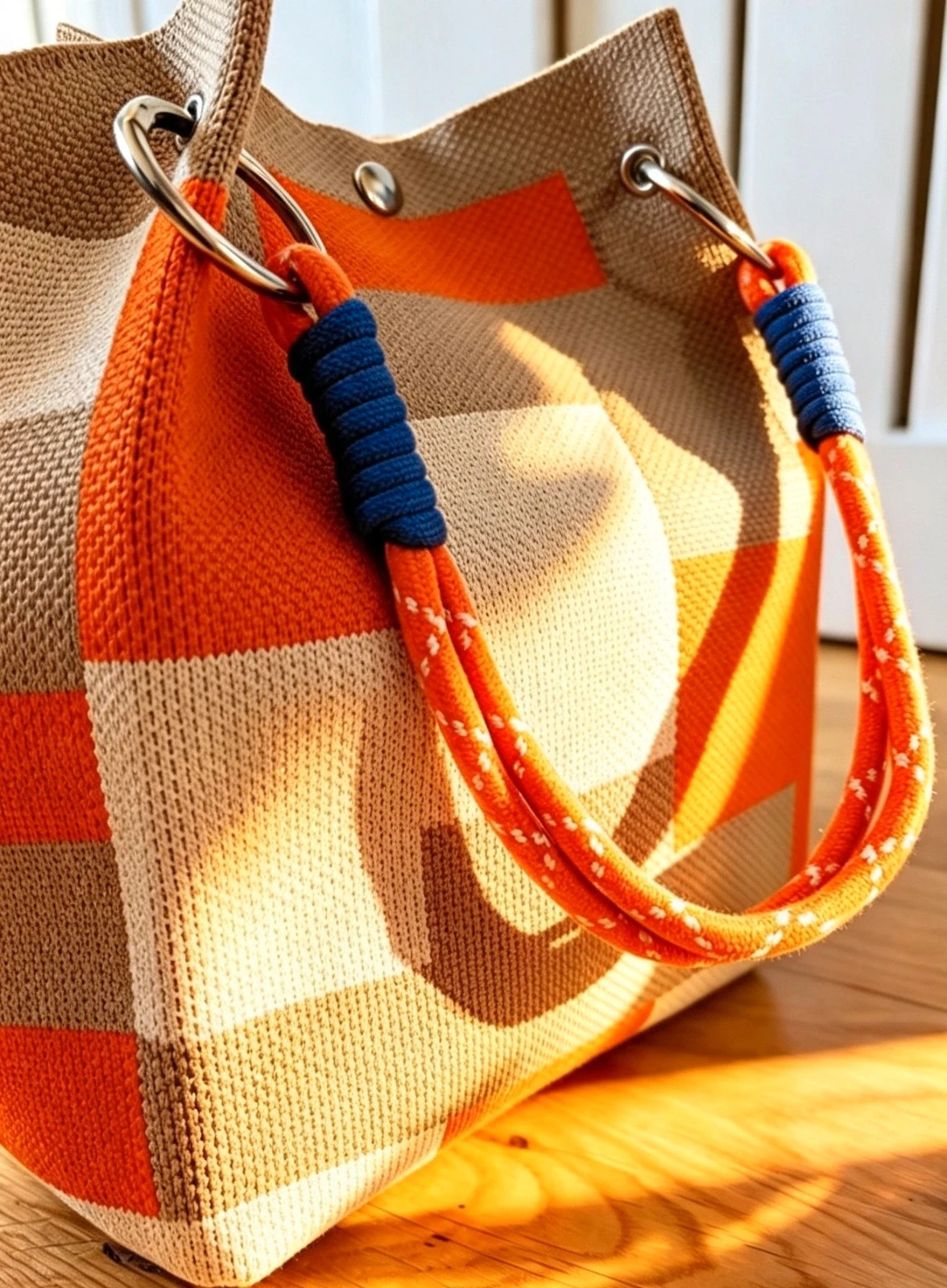 New Beige Cream Orange Block Knit Bucket Bag Hippie Indie Festival Boho 2