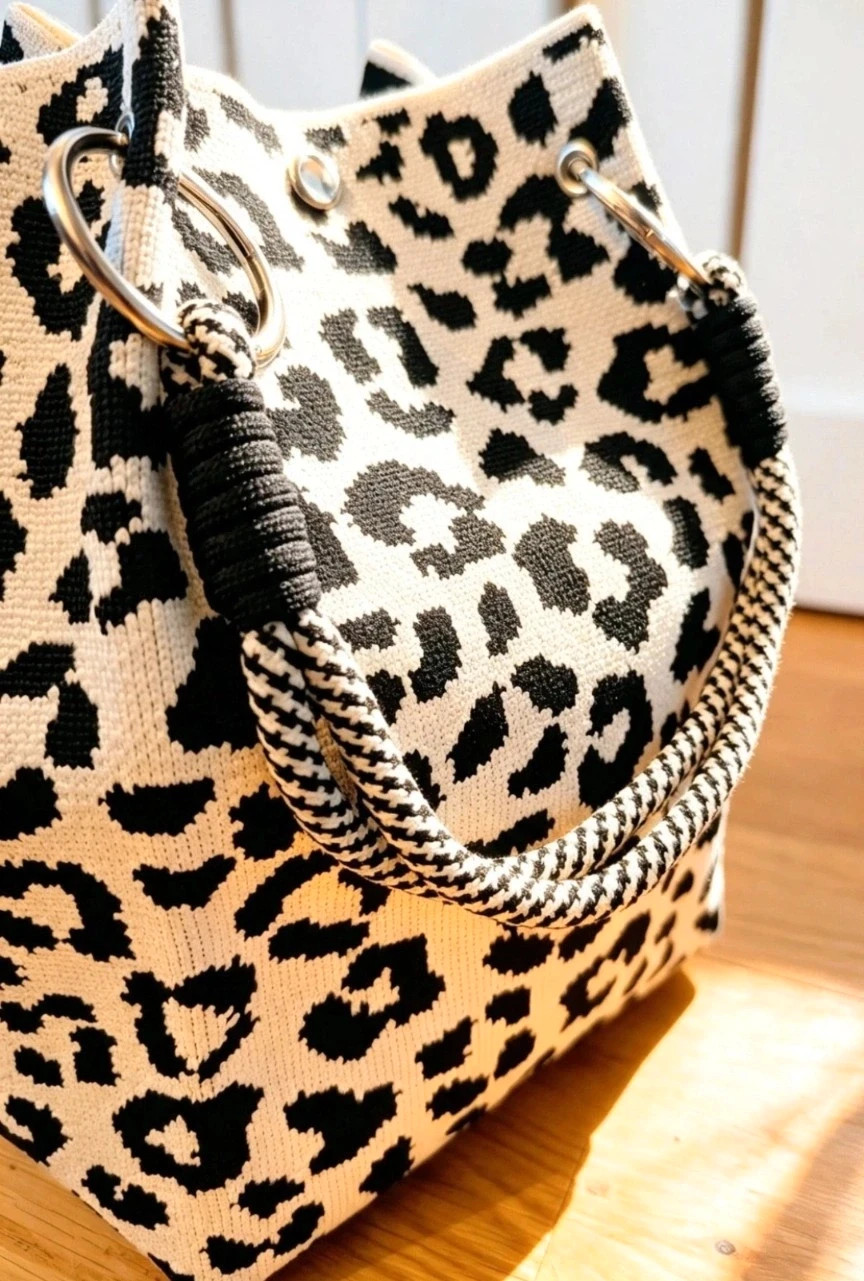 New Leopard Print Knit Bucket Bag Silver Hardware Boho Festival Indie Hippie 2