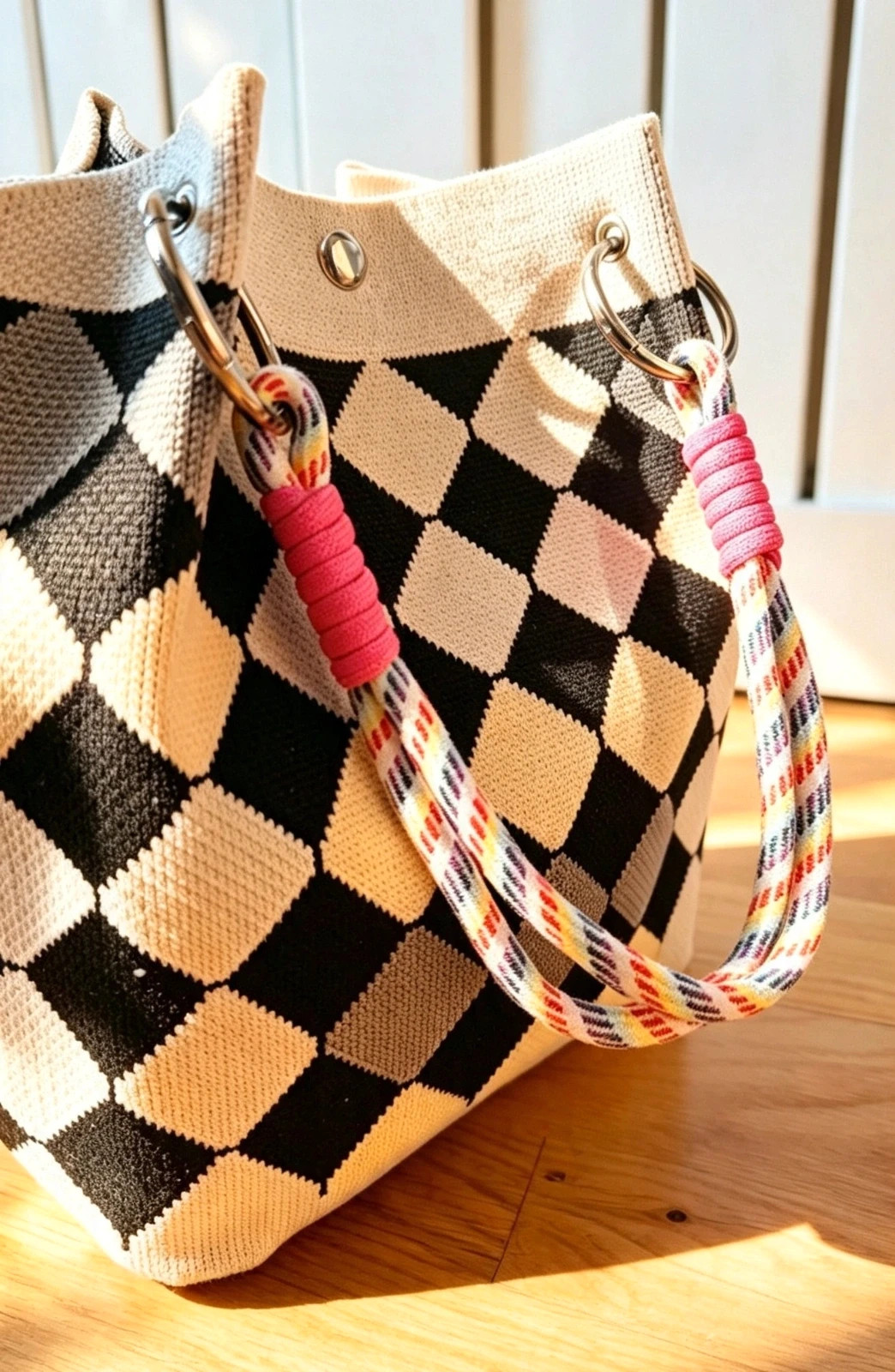 New Black Yellow Diamond Knit Bucket Bag Rope Handles Boho Festival Indie Hippie Autumn 2