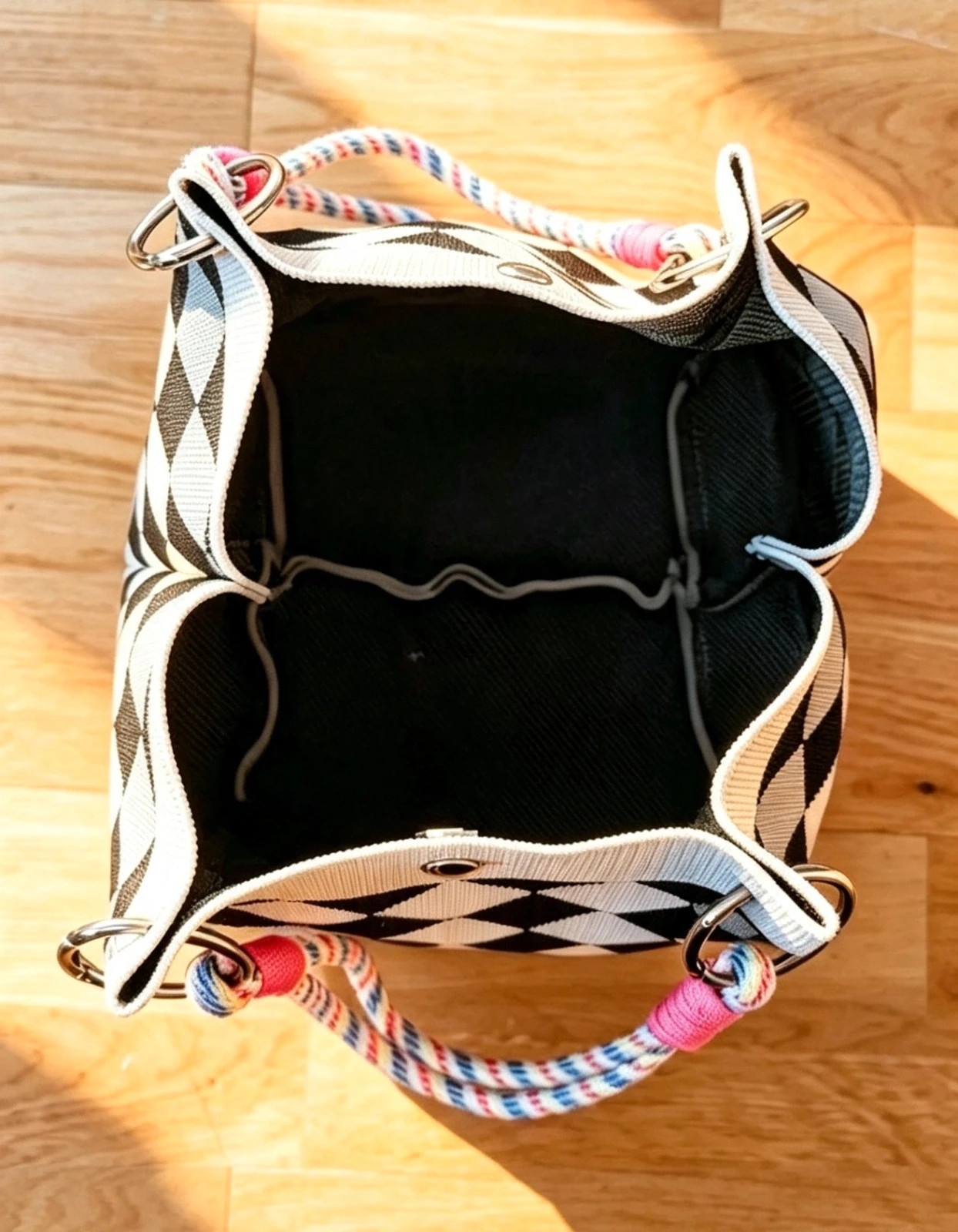 New Black Yellow Diamond Knit Bucket Bag Rope Handles Boho Festival Indie Hippie Autumn 3