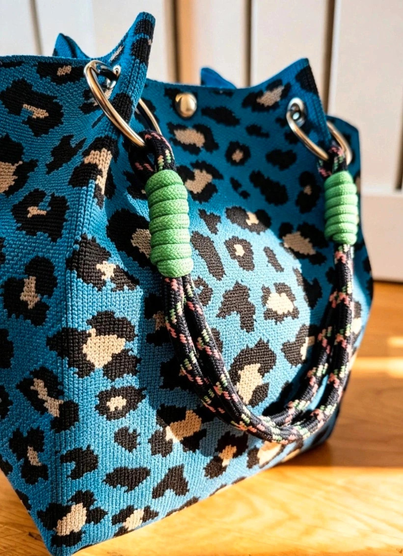 New Blue Black Leopard Print Knit Bucket Bag Rope Handles Silver Hardware Boho Festival Indie Hippie 2