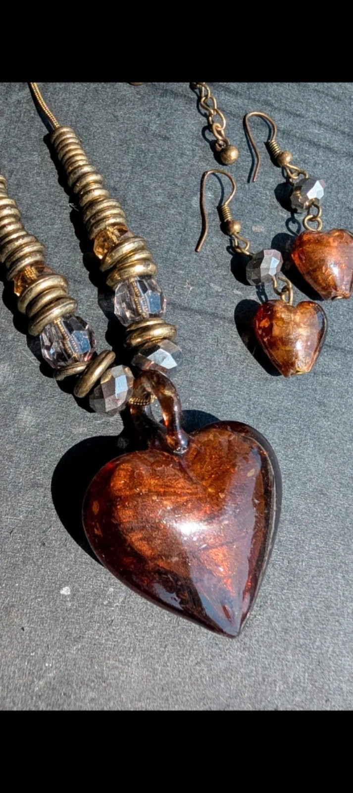 Vintage Brown Glass Heart Necklace & Earrings Set | Boho | Y2K | Cottagecore | Festival | Indie 2