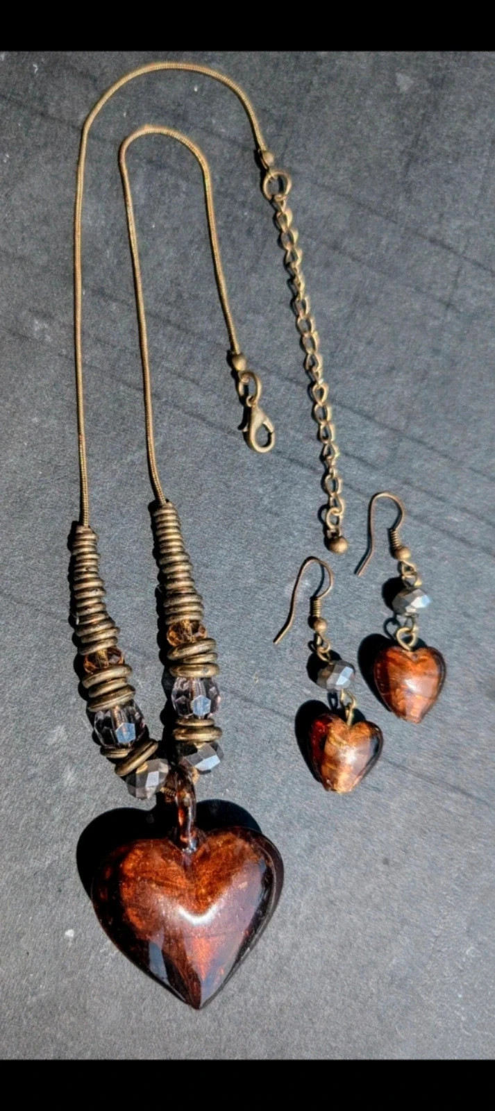 Vintage Brown Glass Heart Necklace & Earrings Set | Boho | Y2K | Cottagecore | Festival | Indie 3