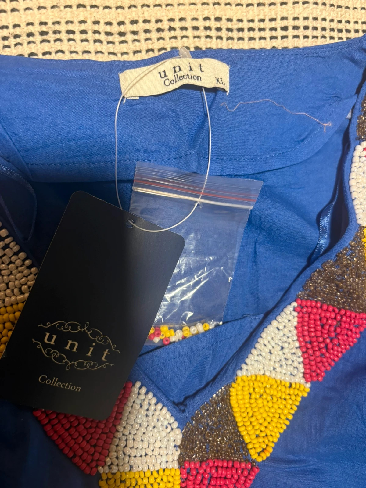 Túnica kaftan playa Unit nuevo etiqueta XL azul bordado abalorios robe plage beach cover up – Unit – taille XL / 42 / 14 5