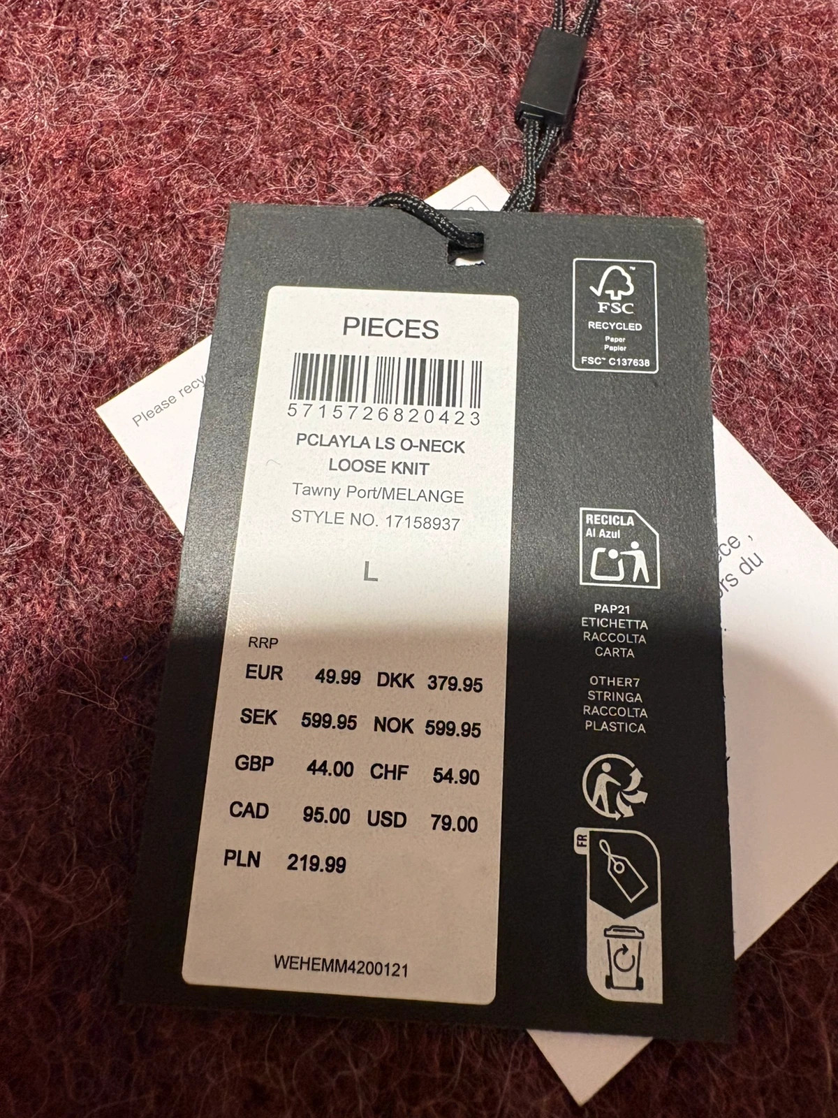 Jersey de punto grueso Pieces borgoña talla L nuevo etiqueta – Pieces – taille L / 40 / 12 5