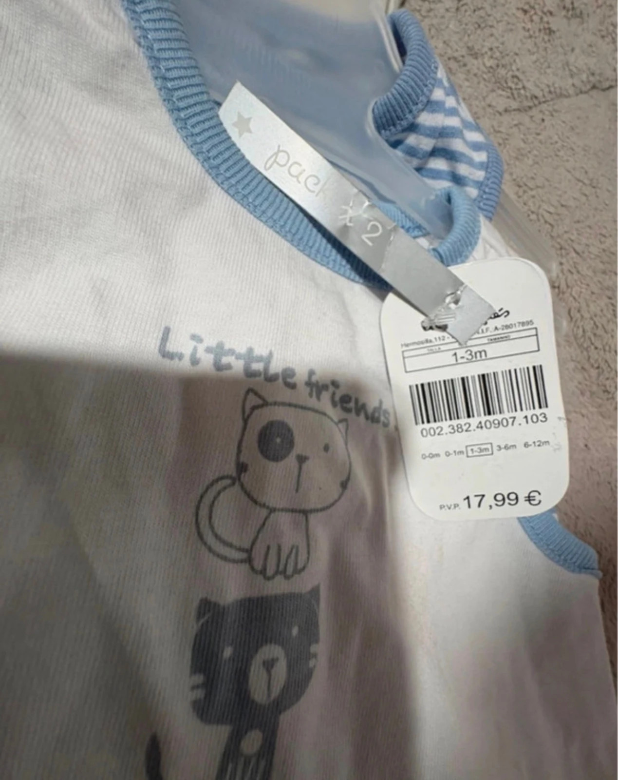 Pack 2 Baby Romper / Bodies El Corte Inglés Blue Animals Stripes Size 1-3m – El Corte Inglés – taille 1-3 mois / 56 cm 2