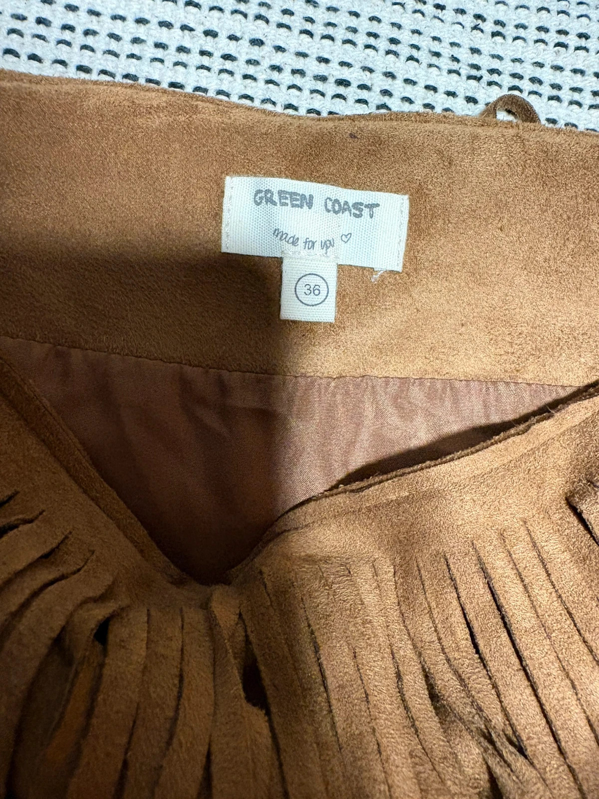 minifalda de ante marrón con flecos en cascada – Green Coast – taille S / 36 / 8 4