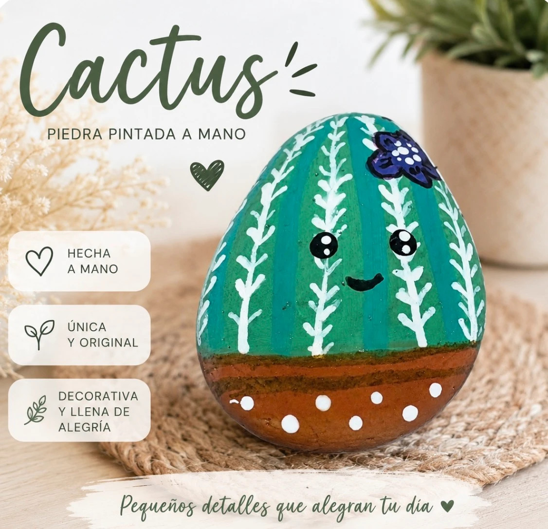 piedra decorativa pintada a mano con un cactus sonriente – Hecho a Mano 2