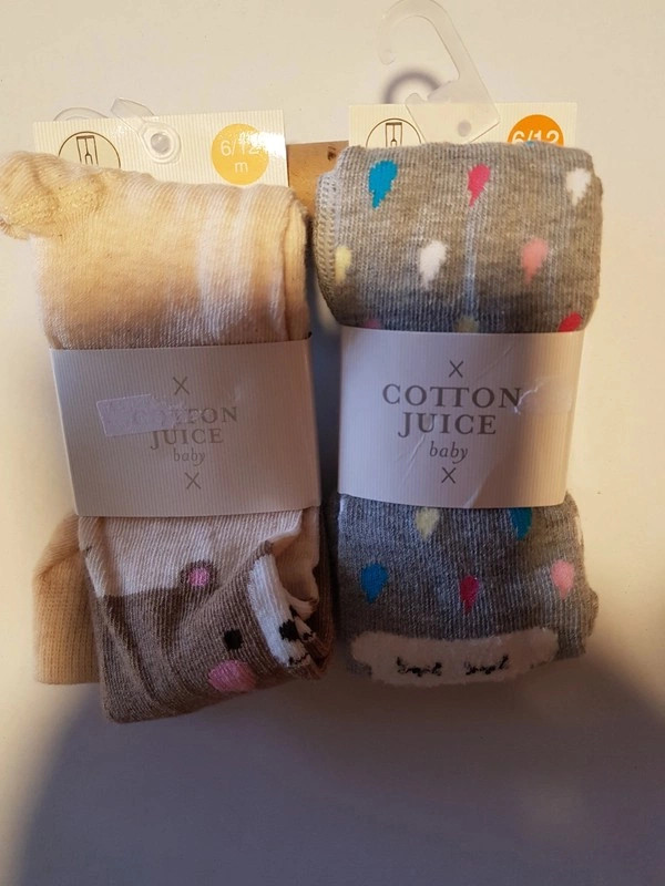 2 paires collants, ourson marron clair/beige et un gris nuage gouttes pluie, t. 6/12 mois (amsl.2)