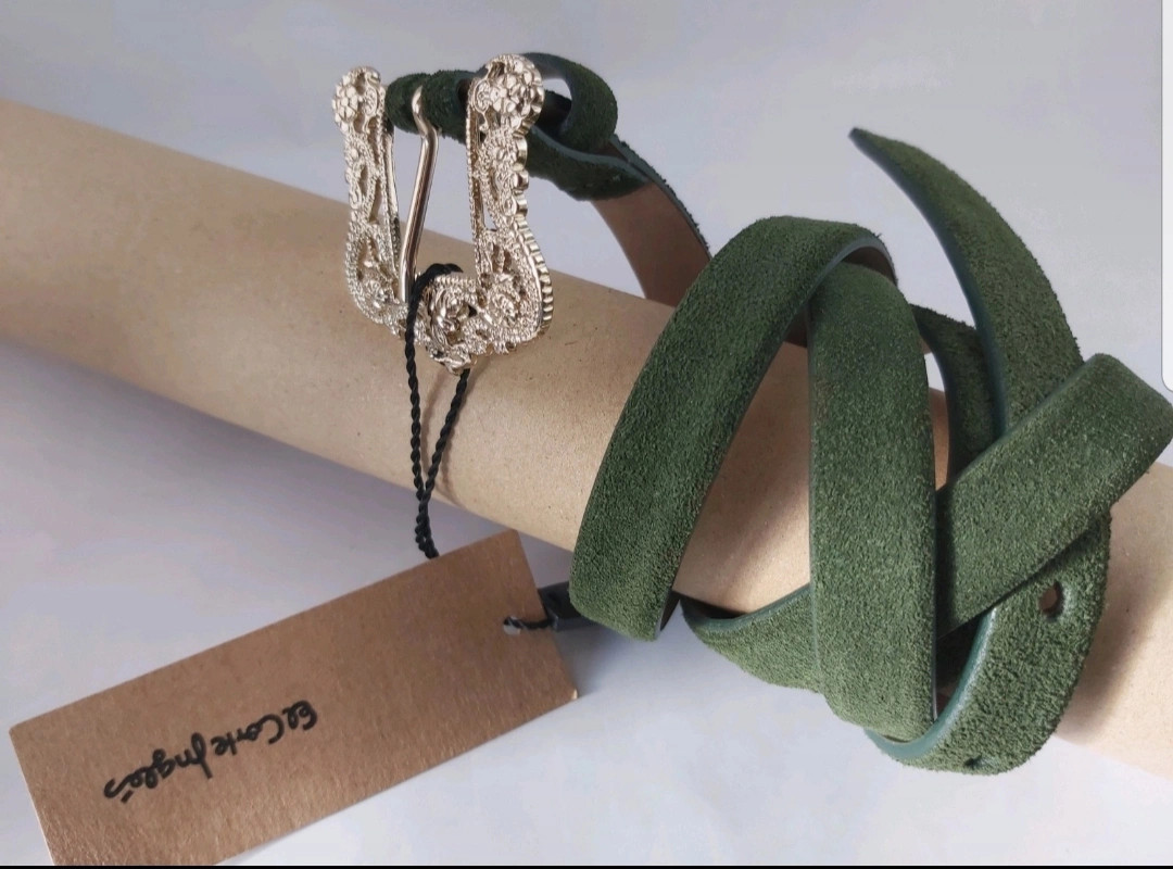 Cinturón serraje verde talla 95 de mujer, marca Vaello, made in españa,