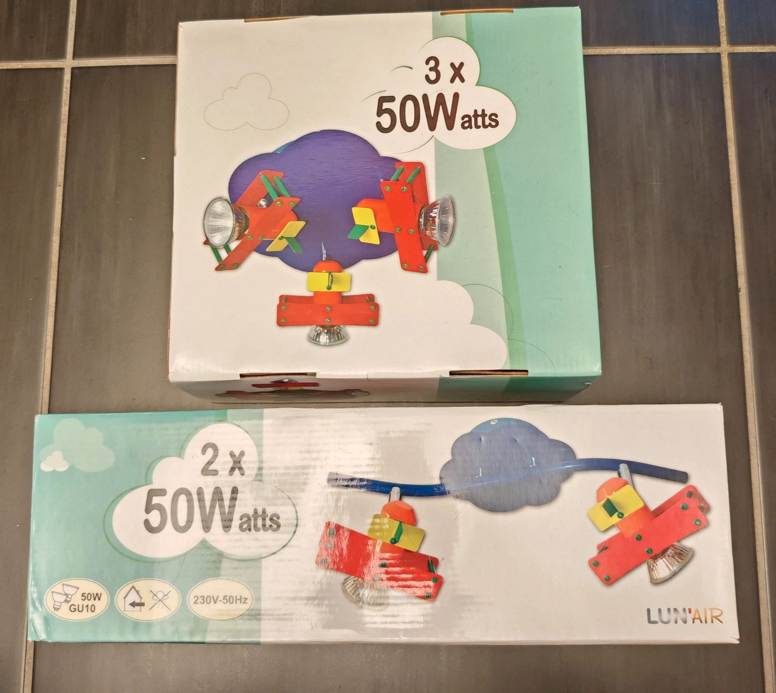 Lot de 2 luminaires enfant: Avion – Plafonnier 3 spots + Réglette 2 spots GU10 2