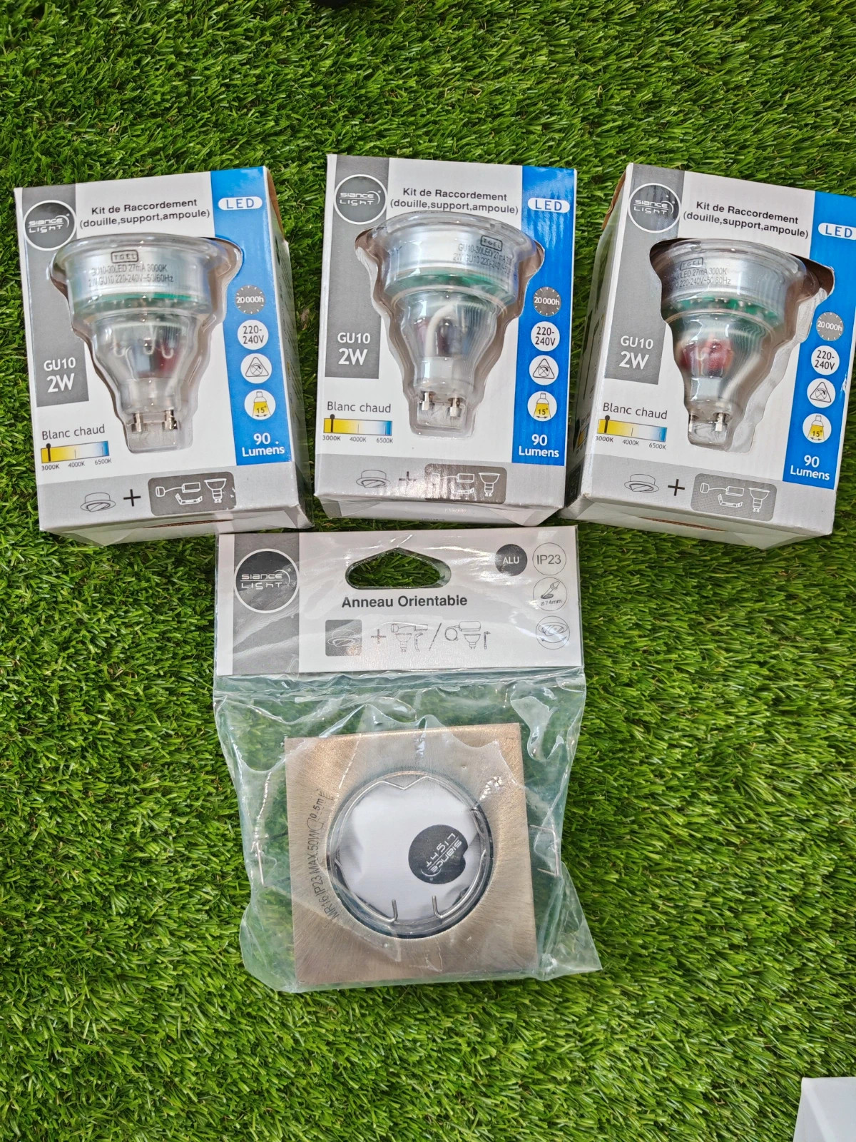 Lot de 3 kits spot LED GU10 2W + 1 anneau orientable alu – Neufs