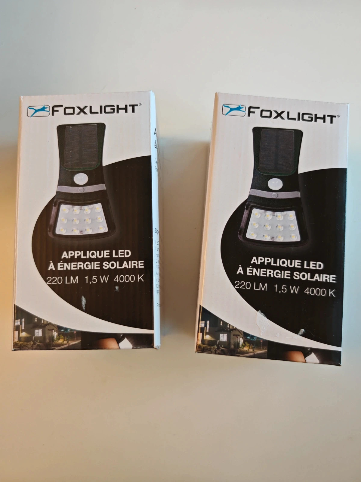 Lot de 2 appliques LED solaires Foxlight – Détecteur de mouvement – Neuves