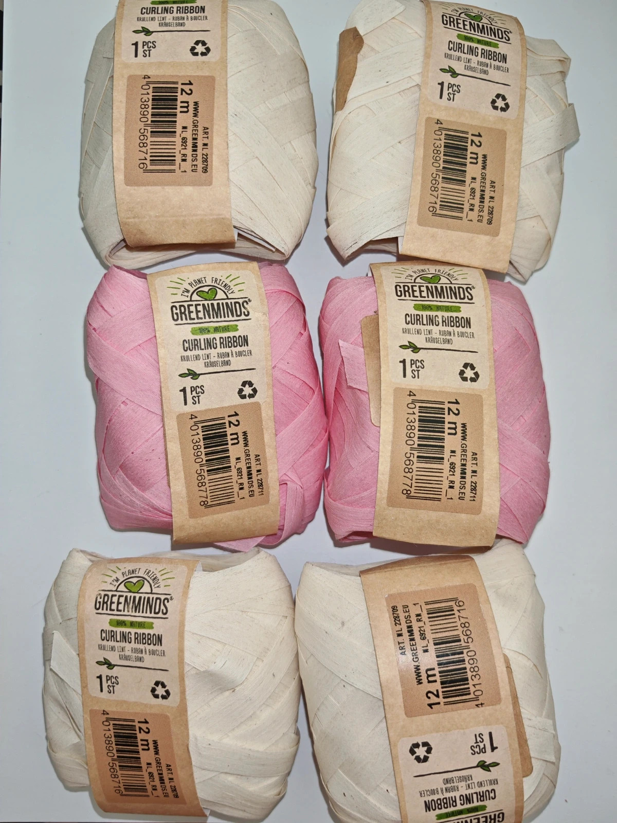 Lot de 6 rubans à boucler Greenminds 12 m – Rose & Crème – Neufs