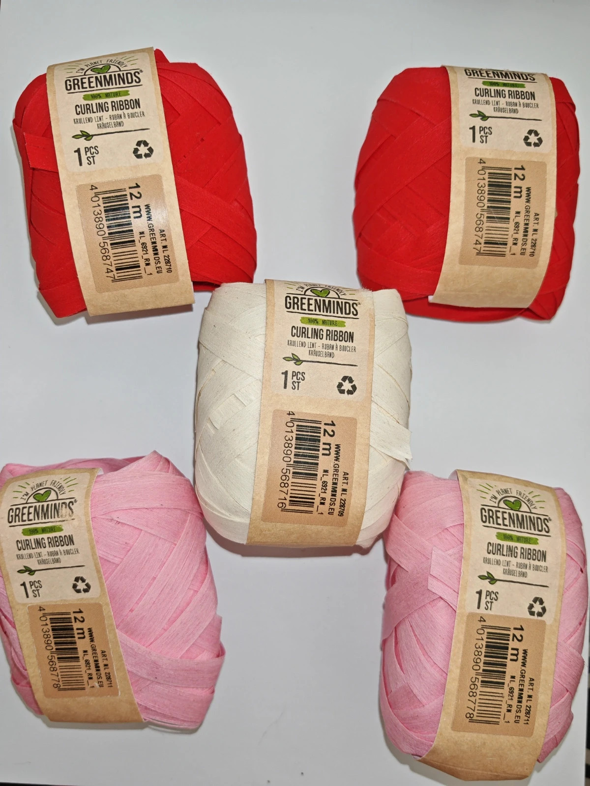 Lot de 5 rubans à boucler Greenminds 12 m – Rouge, rose et crème – Neufs