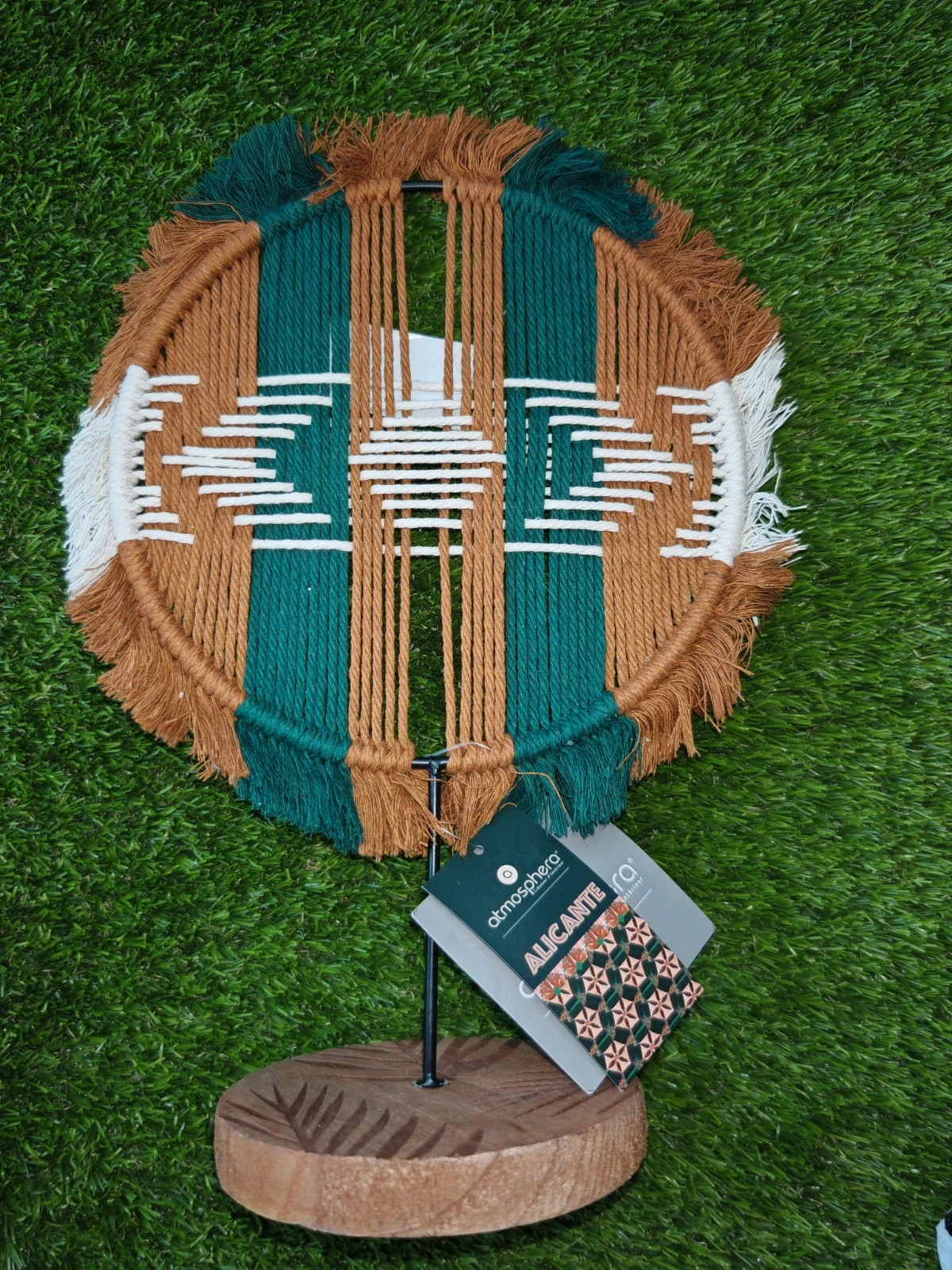 Décoration macramé Atmosphera "Alicante" sur socle en bois – Neuve