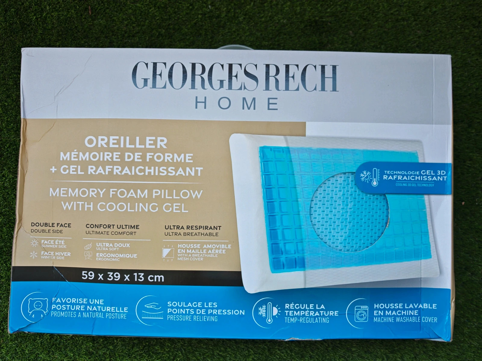 Oreiller mémoire de forme Georges Rech Home 59x39 cm – Gel rafraîchissant – Neuf