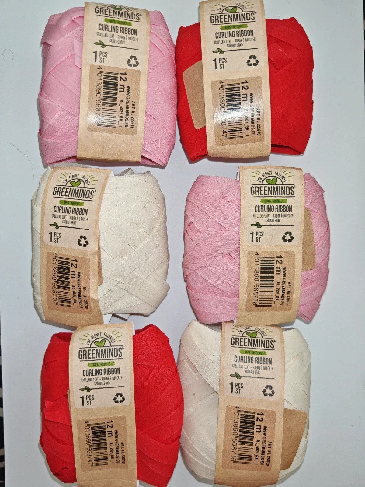 6 rubans à boucler Greenminds 12 m – Rouge, Rose & Beige