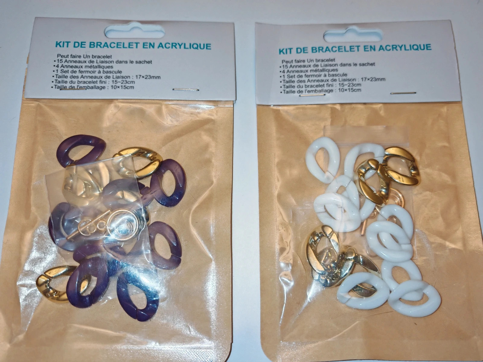 Lot de 2 kits bracelet en acrylique DIY – Blanc & Violet – Neufs