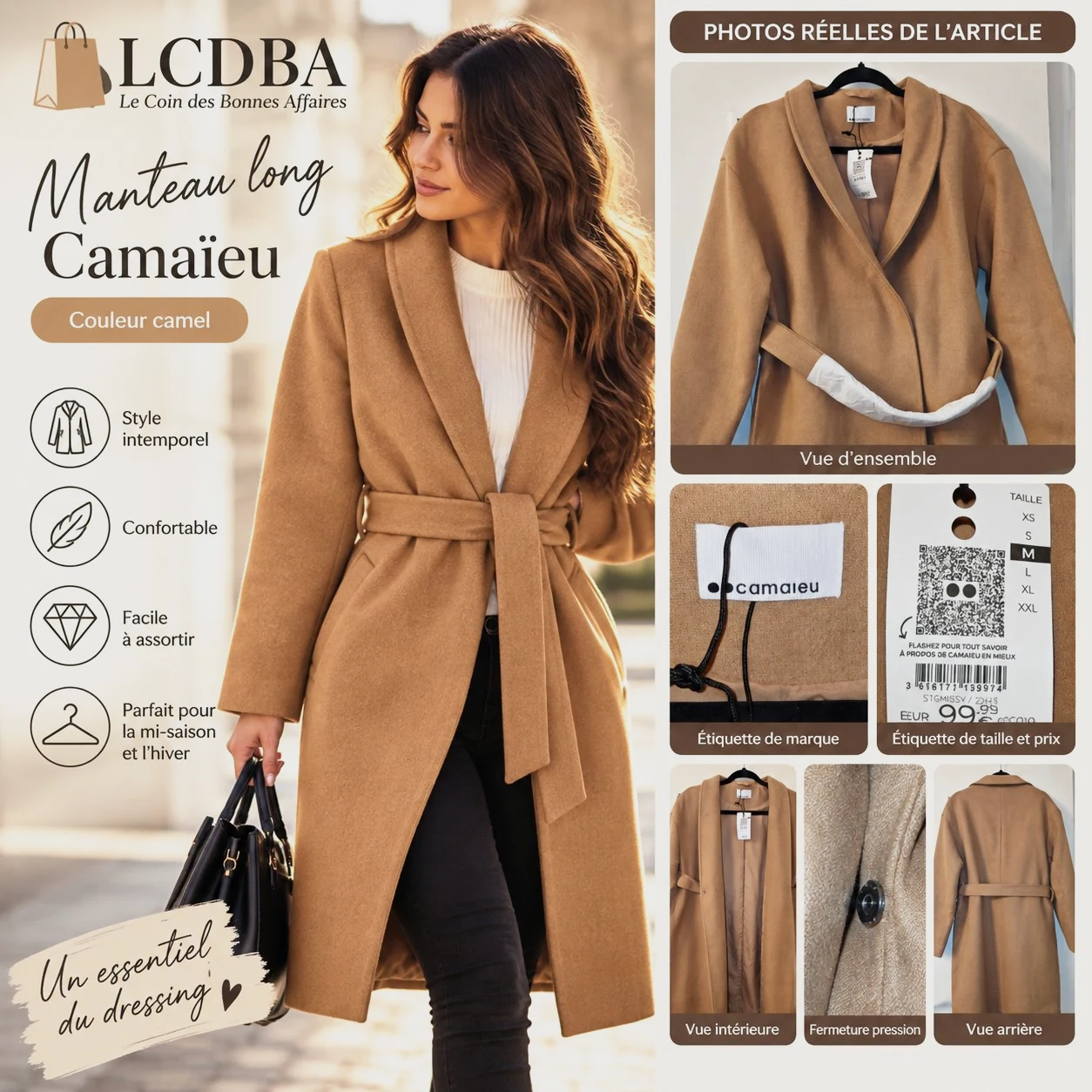 Manteau long Camaïeu Camel – Neuf avec étiquette – Taille M