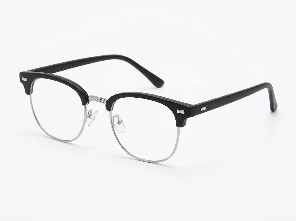 Lunettes style Clubmaster rétro chic • Monture noire et argentée • Verres transparents