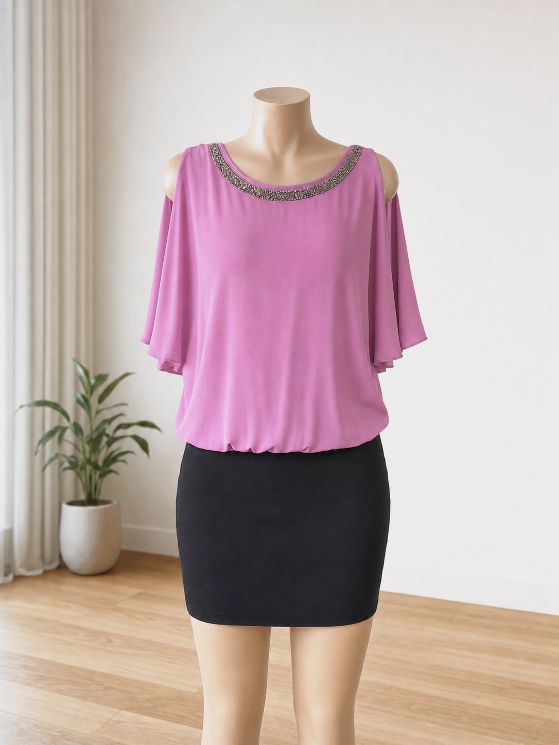 Melrose robe moulante femme 38 violet/noir col rond perlé épaules dénudées – Melrose – taille M 3